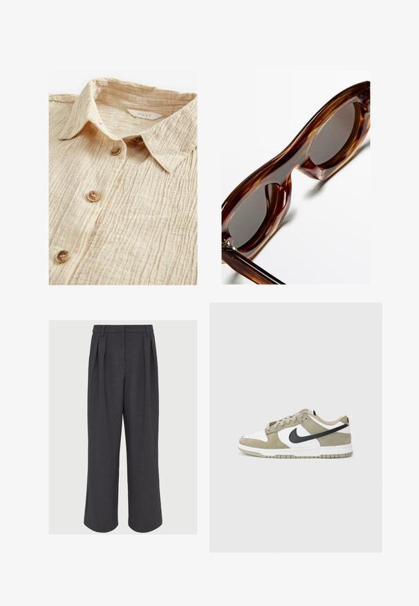 Brauner V-Ausschnitt-Pullover aus weichem Material mit gerippten Bündchen und Saum. Hat eine lockere Passform und keine sichtbaren Muster oder Hardware-Akzente.; Beige Button-Up-Hemd aus strukturiertem, zerknittertem Stoff. Mit einem Kragen und fünf braunen Knöpfen auf der Vorderseite. Etikett innen sichtbar.; Weite Hose aus dunkelgrauem Stoff, mit vorderen Falten, glatter Textur und einem taillierten Bund mit Gürtelschlaufen.; Beige und weiße Wildledersneaker mit schwarzen Akzenten, perforierter Zehenbox, flachen Schnürsenkeln und einer Gummisohle mit strukturiertem Grip-Muster.; Braune Schildpatt-Sonnenbrille mit runden Rahmen, dunklen Gläsern und glänzender Oberfläche, die dicke, kurvige Bügel und minimale Beschläge präsentiert.; Schwarze Lederhandtasche mit glatter Oberfläche, ausgestattet mit einem einzelnen Schulterriemen, goldenen Akzenten und einem Reißverschluss. Logo auf der Vorderseite angezeigt.