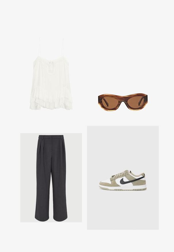 Brown V-neck sweater made of soft material with ribbed cuffs and hem. Features a relaxed fit and no visible patterns or hardware accents.; White sleeveless blouse made of lightweight fabric featuring a v-neck with a tie, and a layered ruffle hem. Adjustable straps.; Wide-leg trousers in dark gray fabric, featuring front pleats, a smooth texture, and a tailored waistband with belt loops.; Beige and white suede sneakers with black accents, perforated toe box, flat laces, and a rubber sole featuring a textured grip pattern.; Sunglasses with a tortoiseshell frame, brown gradient lenses, and a sleek cat-eye shape. Made of lightweight plastic with glossy finish.; Black leather handbag with a smooth texture, featuring a single shoulder strap, gold accents, and a zippered closure. Logo displayed on front.