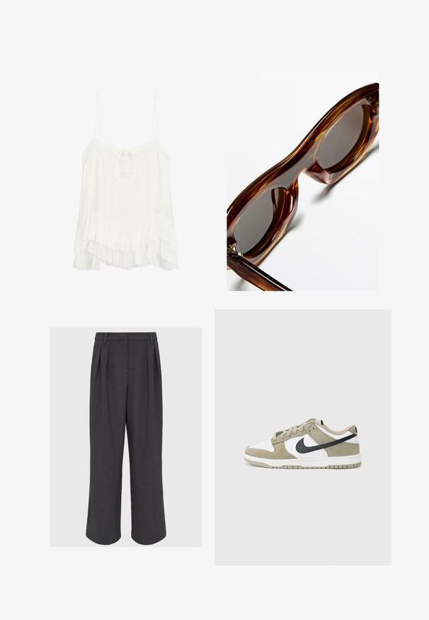 Hnědý svetr s V-výstřihem vyrobený z měkkého materiálu s žebrovanými manžetami a lemem. Má volný střih a žádné viditelné vzory ani kovové detaily.; Bílá bezrukávová blůza vyrobená z lehkého materiálu, se výstřihem do V a zavazováním, a vrstvami rýh. Nastavitelné ramínka.; Kalhoty s širokými nohavicemi v tmavě šedé barvě, s předními záhyby, hladkou texturou a upraveným pasem s poutky na pás.; Beige a bílé semišové tenisky s černými akcenty, perforovanou špičkou, plochými tkaničkami a gumovou podrážkou s texturovaným gripem.; Hnědé želvovinové sluneční brýle s kulatými obrubami, tmavými skly a lesklým povrchem, ukazující silné, zakřivené nohy a minimální kovové prvky.; Černá kožená kabelka s hladkým povrchem, vybavená jedním ramenním popruhem, zlatými akcenty a zipovým uzávěrem. Logo umístěné na přední straně.
