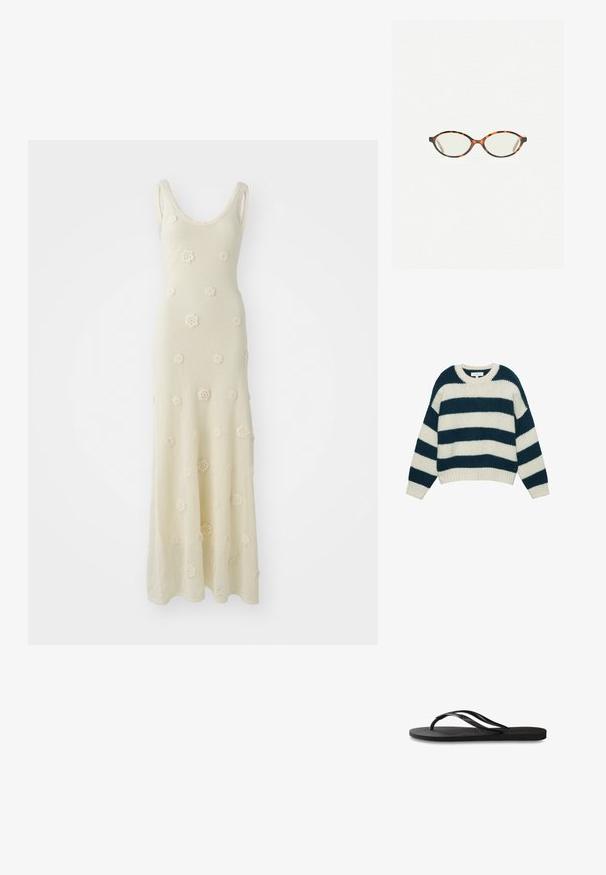 Pulover tricotat gros, cu dungi orizontale late în albastru marin și alb, guler rotund și manșete și tiv din tricot cu crem.; Rochie maxi tricotată în alb murdar, cu decolteu rotund. Prezintă detalii din croșetă sub formă de flori pe întreaga suprafață și o siluetă ajustată care se lărgește la margine.; Încălțăminte tip flip-flop neagră cu o talpă din cauciuc texturat, două bretele subțiri și un detaliu discret, embosat cu logo pe bretea.; Ochelari cu ramă din tartan, cu lentile ovale și un finisaj elegant, neted. Prezintă margini subțiri cu o curbură subtilă la tâmple. Lentile clare.