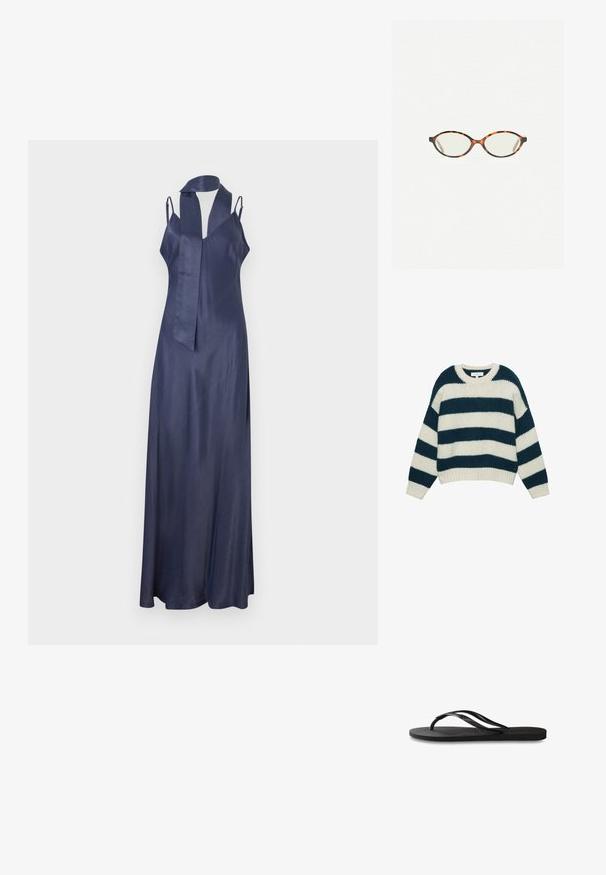 Paksu neulepaita, jossa on leveät vaakasuorat tummansiniset ja valkoiset raidat, pyöreä kaula-aukko ja ribbineuleiset hihansuut sekä helma.; Meriini satiini mekko V-päänteellä, kapeilla olkaimilla ja pitkällä, valuvalle siluetille. Taittaa itsekiristettävän kaula-aukon korostuksen. Suora rakenne.; Mustat flip-flopit, joissa on röpelöinen kumipohja, kaksi hoikkaa remmiä ja hillitty, kohokuvioitu logotyyli remmissä.; Kilpikonnakuosiset silmälasit, joissa on soikeat linssit ja tyylikäs, sileä pinta. Ominaisuudet: ohuet sivut, joissa on hienovarainen kaari temppeleissä. Kirkkaat linssit.