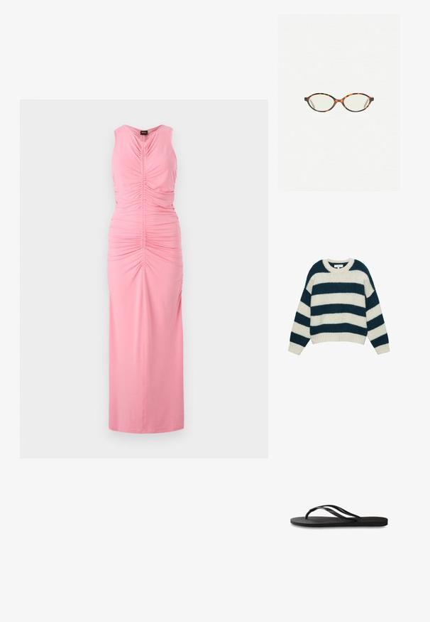 Paksu neulepaita, jossa on leveät vaakasuorat tummansiniset ja valkoiset raidat, pyöreä kaula-aukko ja ribbineuleiset hihansuut sekä helma.; Vaaleanpunainen hihaton mekko, jossa on kerättyjä yksityiskohtia ja rypytys edessä, pitkä malli, valmistettu pehmeästä ja sileästä kankaasta.; Mustat flip-flopit, joissa on röpelöinen kumipohja, kaksi hoikkaa remmiä ja hillitty, kohokuvioitu logotyyli remmissä.; Kilpikonnakuosiset silmälasit, joissa on soikeat linssit ja tyylikäs, sileä pinta. Ominaisuudet: ohuet sivut, joissa on hienovarainen kaari temppeleissä. Kirkkaat linssit.