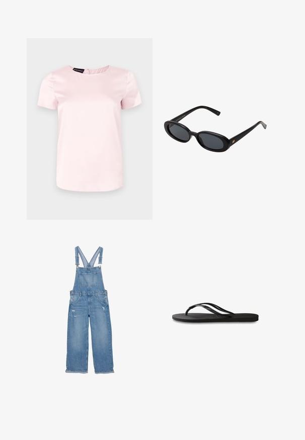 Gruby sweter robiony na drutach z szerokimi poziomymi pasami w kolorze granatowym i białym, okrągły dekolt oraz ściągacze przy mankietach i dolnej części.; Koszulka z krótkim rękawem w jasnoróżowym satynowym materiale, z okrągłym dekoltem i subtelnym zapięciem z tyłu. Gładka faktura i lekko dopasowany krój.; Ogrodniczki w jasnoniebieskim kolorze, z regulowanymi ramiączkami, przednią kieszenią, bocznymi guzikami i przetarciami na nogawkach.; Czarne klapki z teksturowaną gumową podeszwą, dwiema smukłymi paskami oraz subtelnym, wytłoczonym logo na pasku.; Czarne, oversize okulary przeciwsłoneczne z owalnymi soczewkami, gładkim plastikowym mostkiem i złotymi akcentami na zausznikach. Ciemne soczewki zapewniają ochronę przed słońcem.; Czerwony lakierowany skórzany kopertówka o zaokrąglonym kształcie, z klapą składana oraz metalowym logo na srebrnej tabliczce. Gładka, błyszcząca tekstura.