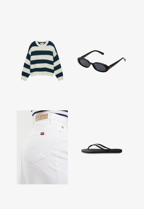 Pull en maille épaisse avec de larges rayures horizontales bleu marine et blanches, col rond et poignets et ourlet côtelés.; Jeans en denim blanc taille haute, avec une étiquette en cuir tan à l'arrière et un petit tag logo rouge sur la poche arrière.; Tongs noires avec une semelle en caoutchouc texturée, deux fines lanières et un détail de logo embossé subtil sur la lanière.; Lunettes de soleil noires surdimensionnées avec des verres ovoïdes, monture en plastique lisse et accents dorés sur les tempes. Les verres sombres offrent une protection contre le soleil.; Sac à épaule en cuir bleu foncé avec une bandoulière amovible, des fermoirs en argent et un subtil détail de logo vertical au centre avant.