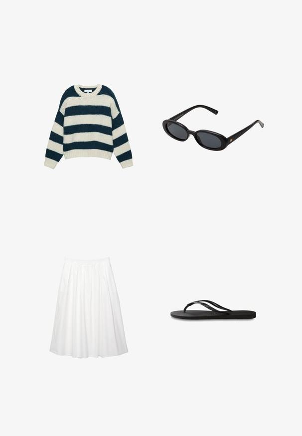 Maglione grosso a maglia con ampie righe orizzontali blu navy e bianche, colletto a girocollo e polsini e orlo a coste.; Gonna bianca fino al ginocchio con design arricciato. Presenta una vita elasticizzata per una facile vestibilità. Realizzata in cotone leggero.; Infradito neri con suola in gomma testurizzata, due cinghie sottili e un sottile dettaglio del logo impresso sulla cinghia.; Occhiali da sole neri oversize con lenti ovali, montatura in plastica liscia e accenti dorati sulle tempie. Le lenti scure offrono protezione dal sole.; Borsa a spalla in pelle blu scuro con tracolla rimovibile, chiusure in argento e discreto dettaglio del logo verticale al centro anteriore.