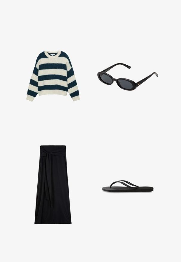 Pull en maille épaisse avec de larges rayures horizontales bleu marine et blanches, col rond et poignets et ourlet côtelés.; Jupe maxi noire en tissu doux et extensible. Dotée d'un détail de taille noué, d'une silhouette fluide et d'un design longueur cheville.; Tongs noires avec une semelle en caoutchouc texturée, deux fines lanières et un détail de logo embossé subtil sur la lanière.; Lunettes de soleil noires surdimensionnées avec des verres ovoïdes, monture en plastique lisse et accents dorés sur les tempes. Les verres sombres offrent une protection contre le soleil.; Sac à épaule en cuir bleu foncé avec une bandoulière amovible, des fermoirs en argent et un subtil détail de logo vertical au centre avant.