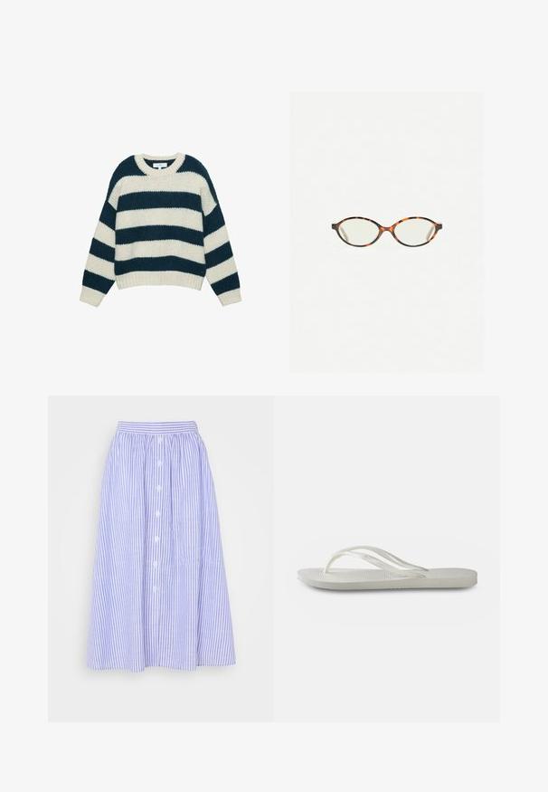 Maglione grosso a maglia con ampie righe orizzontali blu navy e bianche, colletto a girocollo e polsini e orlo a coste.; Gonna a strisce blu chiaro e bianche, di lunghezza media, con vita arricciata, apertura con bottoni e una sottile texture.; Infradito bianchi con suola testurizzata, caratterizzate da cinghie sottili e design piatto. Realizzate in gomma con un logo sottile sulla soletta.; Occhiali in tartaruga con lenti ovali e una finitura liscia e elegante. Presentano aste sottili con una leggera curva alle tempie. Lenti trasparenti.