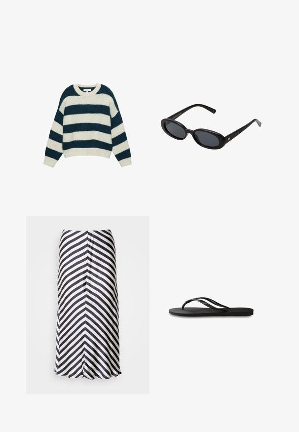 Hlavný sveter s hrubým pletením, široké horizontálne pruhy námorníckej modrej a bielej farby, okrúhly výstrih a rebrované manžety a spodný lem.; Sukňa po kolená so šikmým čierno-bielym pruhovaným vzorom, vyrobená z ľahkej látky s jemnou textúrou a rozšíreným lemom.; Čierne žabky s textúrovanou gumovou podrážkou, dvoma štíhlymi popruhmi a diskrétnym embosovaným logom na popruhu.; Čierne oversized slnečné okuliare s oválnymi šošovkami, hladkým plastovým rámom a zlatými akcentmi na straniciach. Tmavé šošovky poskytujú ochranu pred slnkom.; Čierna kožená kabelka so štruktúrovaným obdĺžnikovým tvarom. Obsahuje zlaté oválne zapínanie a tenký ramenný popruh. Hladká textura.