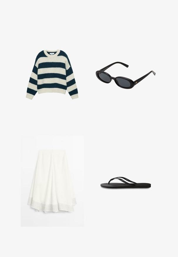 Pull en maille épaisse avec de larges rayures horizontales bleu marine et blanches, col rond et poignets et ourlet côtelés.; Jupe midi blanche avec un ourlet évasé, ornée de fines rayures horizontales noires et d'une fermeture éclair à l'arrière.; Tongs noires avec une semelle en caoutchouc texturée, deux fines lanières et un détail de logo embossé subtil sur la lanière.; Lunettes de soleil noires surdimensionnées avec des verres ovoïdes, monture en plastique lisse et accents dorés sur les tempes. Les verres sombres offrent une protection contre le soleil.; Sac à épaule en cuir bleu foncé avec une bandoulière amovible, des fermoirs en argent et un subtil détail de logo vertical au centre avant.