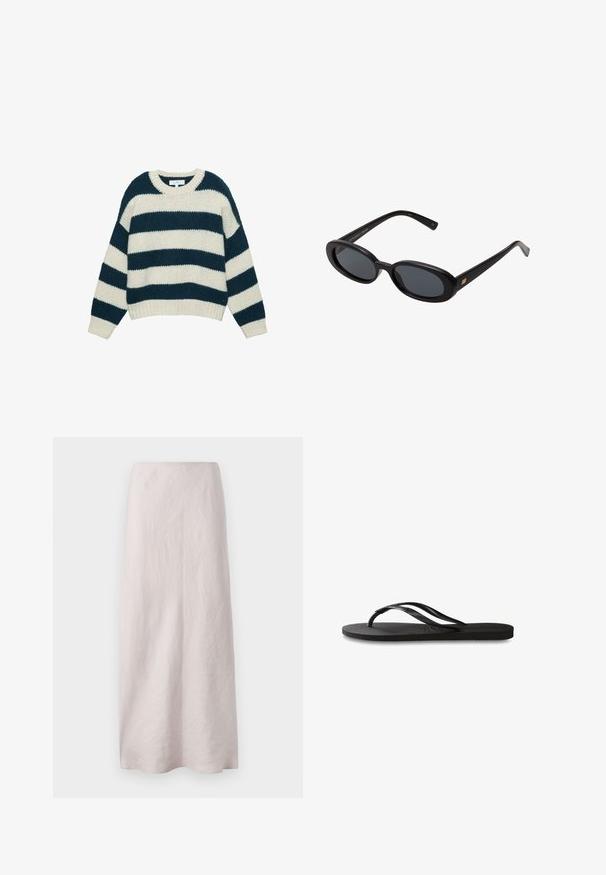 Kuscheliger Strickpullover mit breiten horizontalen navyblauen und weißen Streifen, Rundhalsausschnitt sowie gerippten Bündchen und Saum.; Blassrosa Leinen-Maxi-Rock mit einem klaren, geraden Design. Der Stoff hat eine leicht strukturierte Oberfläche und einen elastischen Bund.; Schwarze Flip-Flops mit einer strukturierten Gummisohle, zwei schlanken Riemen und einem dezenten, geprägten Logo-Detail auf dem Riemen.; Schwarze, oversized Sonnenbrillen mit ovalen Gläsern, glattem Kunststoffrahmen und goldenen Akzenten an den Bügeln. Die dunklen Gläser bieten Sonnenschutz.; Dunkelblaues Leder-Crossbody-Bag mit abnehmbarem Schultergurt, silbernen Verschlüssen und dezentem vertikalem Logo-Detail in der Mitte vorne.
