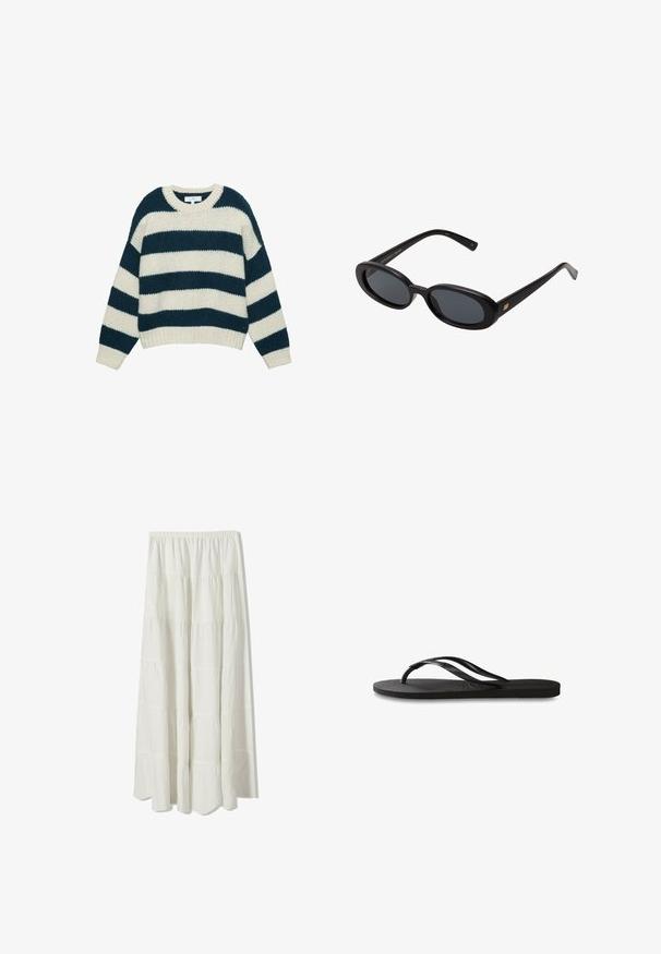Chunky gebreide trui met brede horizontale navy-blauwe en witte strepen, ronde hals, en ribgebreide manchetten en zoom.; Witte maxirok met een gelaagd ontwerp, een elastische tailleband met plooien, een soepele textuur en een vloeiende silhoeet.; Zwarte flip-flop met een gestructureerde rubberen zool, twee slanke banden en een subtiele, ingedrukte logo-detail op de band.; Zwarte oversized zonnebril met ovale lenzen, een glad plastic montuur en gouden accenten op de pootjes. Donkere lenzen bieden bescherming tegen de zon.; Donkerblauwe leren schoudertas met afneembare schouderband, zilveren sluitingen en subtiele verticale logo-detalering in het midden vooraan.