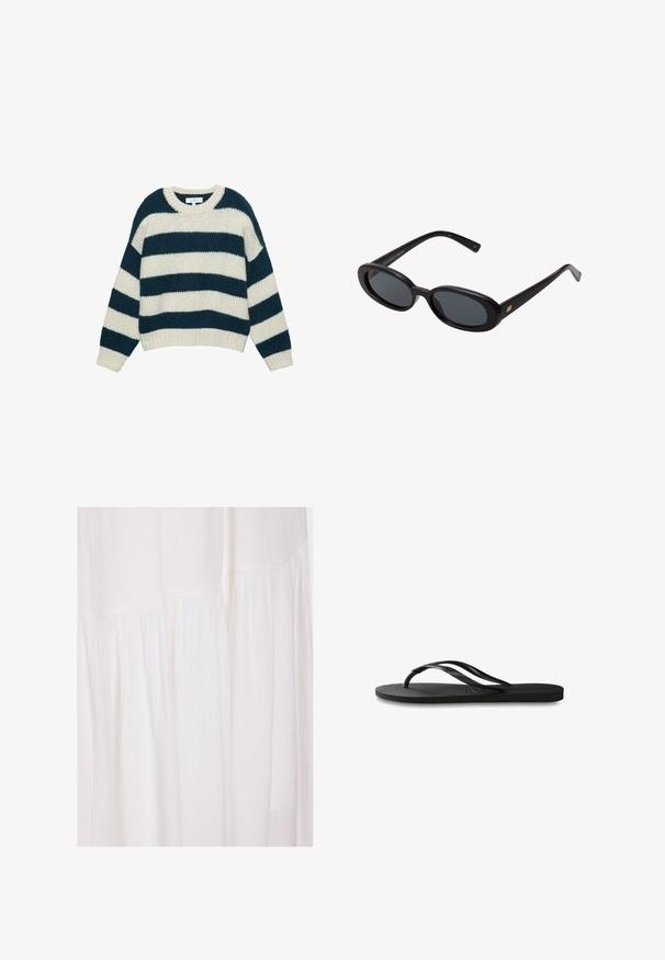 Maglione grosso a maglia con ampie righe orizzontali blu navy e bianche, colletto a girocollo e polsini e orlo a coste.; Vestito bianco in tessuto con una superficie testurizzata, morbide pieghe e elementi di design non strutturati, creando una silhouette fluida.; Infradito neri con suola in gomma testurizzata, due cinghie sottili e un sottile dettaglio del logo impresso sulla cinghia.; Occhiali da sole neri oversize con lenti ovali, montatura in plastica liscia e accenti dorati sulle tempie. Le lenti scure offrono protezione dal sole.; Borsa a spalla in pelle blu scuro con tracolla rimovibile, chiusure in argento e discreto dettaglio del logo verticale al centro anteriore.