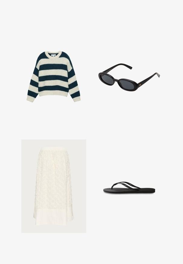 Chunky gebreide trui met brede horizontale navy-blauwe en witte strepen, ronde hals, en ribgebreide manchetten en zoom.; Witte rok van textuurstof met verhoogde bloemenpatronen aan de bovenkant en een gladde katoenrand, afgewerkt met zijsplitten. Elastische tailleband.; Zwarte flip-flop met een gestructureerde rubberen zool, twee slanke banden en een subtiele, ingedrukte logo-detail op de band.; Zwarte oversized zonnebril met ovale lenzen, een glad plastic montuur en gouden accenten op de pootjes. Donkere lenzen bieden bescherming tegen de zon.; Donkerblauwe leren schoudertas met afneembare schouderband, zilveren sluitingen en subtiele verticale logo-detalering in het midden vooraan.