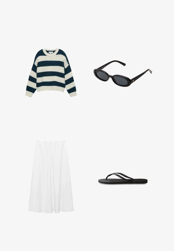 Chunky gebreide trui met brede horizontale navy-blauwe en witte strepen, ronde hals, en ribgebreide manchetten en zoom.; Witte midi rok van lichtgewicht stof, met een elastische tailleband, een gladde textuur en een licht uitlopende silhouet met een zoom.; Zwarte flip-flop met een gestructureerde rubberen zool, twee slanke banden en een subtiele, ingedrukte logo-detail op de band.; Zwarte oversized zonnebril met ovale lenzen, een glad plastic montuur en gouden accenten op de pootjes. Donkere lenzen bieden bescherming tegen de zon.; Donkerblauwe leren schoudertas met afneembare schouderband, zilveren sluitingen en subtiele verticale logo-detalering in het midden vooraan.
