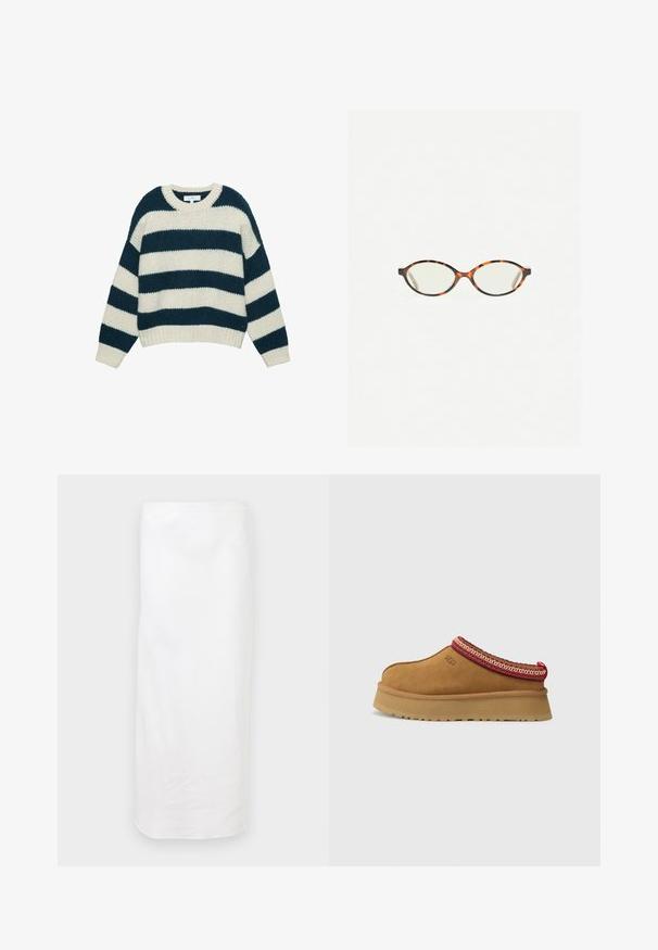 Vastag kötött pulóver széles vízszintes sötétkék és fehér csíkokkal, kerek nyakkivágással, valamint bordázott mandzsettával és aljjal.; Két ujjatlan tank top: az egyik fehér, bordázott textúrával, a másik világosszürke, finom heather mintával. Mindkettő kerek nyakkivágással rendelkezik.; Fehér, térd fölé érő szoknya sima anyagból. Egyszerű, egyenes vonalvezetésű, rugalmas derékkal rendelkezik. Nincsenek látható minták vagy díszítések.; Barna velúr slip-on cipő piros és krém mintás díszítéssel, textúrált talppal és UGG logóval az oldalon. Könnyű platformmagassággal rendelkezik.; Tortábar színű szemüveg ovális lencsékkel és sima, elegáns felülettel. Vékony szárakkal rendelkezik, amelyeken finom ív található a halántéknál. Átlátszó lencsék.