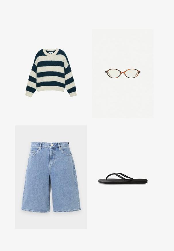 Pletena džemper sa širokim horizontalnim plavim i bijelim prugama, okruglim izrezom, i rebrastim manžetama i donjim rubom.; Svijetloplave traper kratke hlače slobodnog kroja, visoki struk, prednje džepove i dvostruko šivani rub. Glatka tekstura s klasičnim dizajnom.; Crne japanke s teksturiranom gumenenom potplatom, dva uska remena i suptilnim, urezanim logom na remenu.; Naočale u boji kornjače s ovalnim staklima i elegantnim, glatkim završetkom. Imaju tanke strane s suptilnom krivuljom na sljepoočnicama. Prozirna stakla.