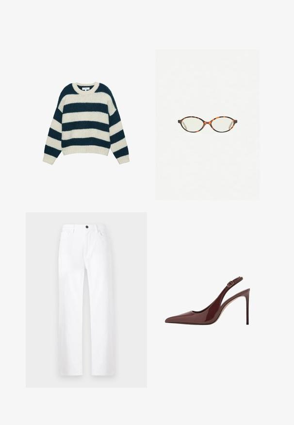 Maglione grosso a maglia con ampie righe orizzontali blu navy e bianche, colletto a girocollo e polsini e orlo a coste.; Jeans bianchi a gamba larga in denim, con chiusura a bottone, tasche frontali e un design pulito senza motivi o accenti visibili.; Sandal con tacco alto in pelle lucida marrone scuro, punta affusolata, con cinturino regolabile e sottile tacco a stiletto.; Occhiali in tartaruga con lenti ovali e una finitura liscia e elegante. Presentano aste sottili con una leggera curva alle tempie. Lenti trasparenti.