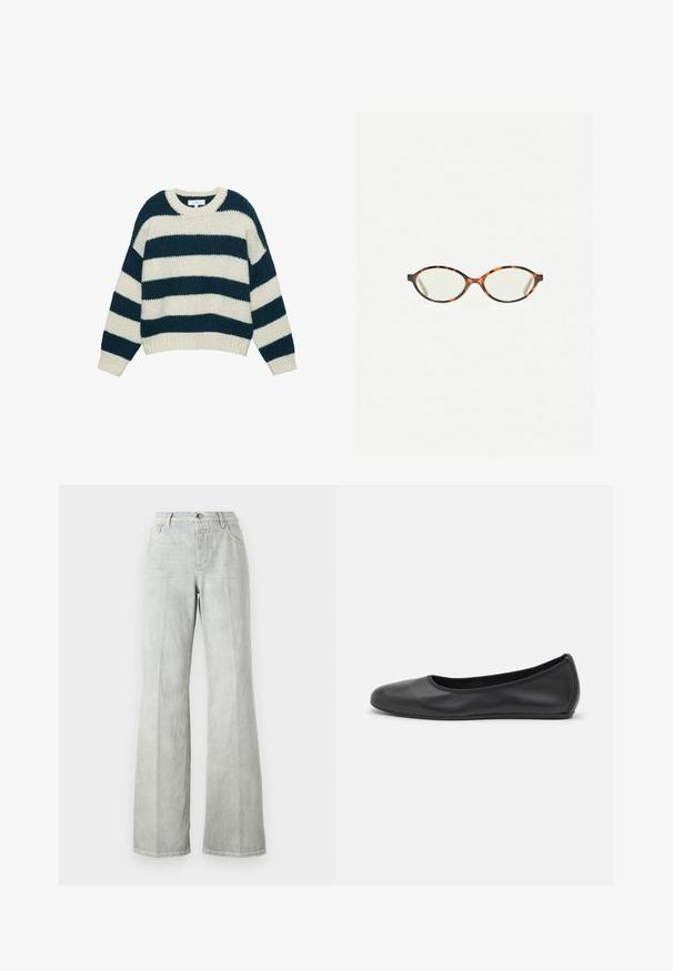 Hřejivý svetr s hrubým pletením, širokými horizontálními navy modrými a bílými pruhy, kulatým výstřihem a žebrovanými manžetami a dolním lemem.; Světlé šedé zvonové džíny, vyrobené z denimu, s vysokým pasem, pěti kapsami a čistým provedením s minimem švů.; Černé kožené baletní byty s kulatou špičkou, hladkou texturou, minimálními švy a flexibilním designem podrážky.; Želvovinové brýle s oválnými čočkami a hladkým, jemným povrchem. Má tenké bočnice s jemným zakřivením v chrámcích. Čiré čočky.; Černá kožená kabelka na rameno s hladkým povrchem, zakřiveným vrškem a jedním popruhem. Disponuje zipovým zavíráním a minimalistickým designem.