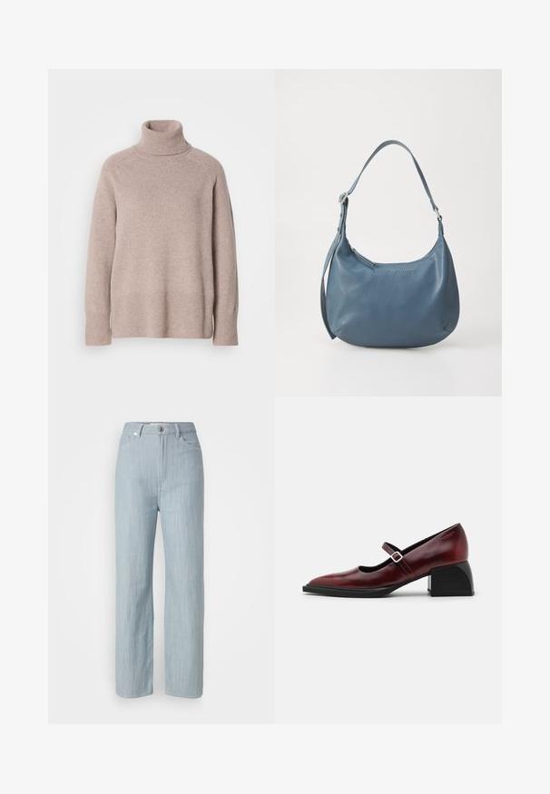 Lys beige strikket ull genser med høy hals, lange ermer og ribbestrikkede mansjetter og kant nederst, mot en hvit bakgrunn.; Lys blå rett ben jeans laget av denim. Har fem lommer, en metallknapplukking og subtil slitasje for tekstur.; Burgunderfargede lær Mary Jane-sko med spiss tå, sidebånd med spenne og en tykk svart hæl. Glatt overflate med en lett glans.; Blå lærveske med rund form, enkel skulderreim, glidelås-lukking og preget merkenavn på forsiden. Glatt tekstur.