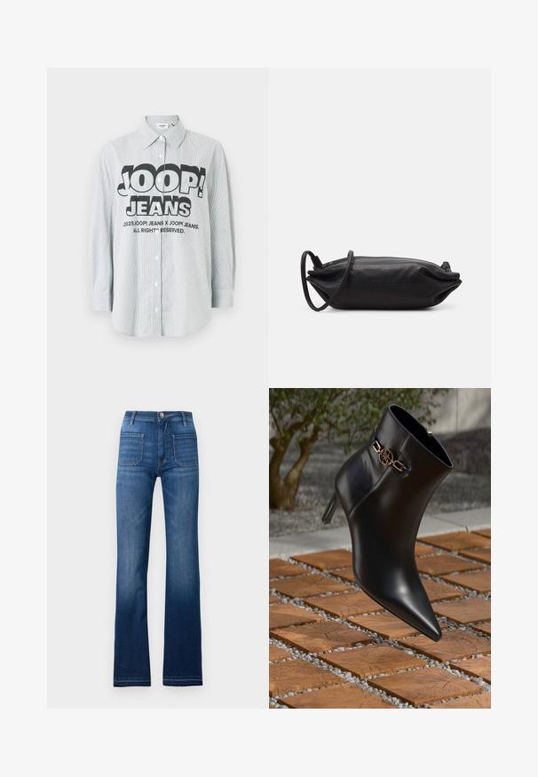 Pelēks adīts džemperis ar melnu un sarkanu svītru mainīgu "JOOP! JEANS" teksta rakstu, ar ribas faktūras apaļu kakla izgriezumu un aprocēm.; Svītrains krekls ar pogām gaiši zilā un baltā audumā. Priekšpusē ir izteiksmīgs melns uzraksts "JOOP! JEANS", ar garām piedurknēm.; Zili dīvaini džinsi ar piecu kabatu dizainu, pogu aizdari un redzamām šuvēm, ar nedaudz izbalējušu apdari.; Melnas ādas potītes zābaki ar norādītu pirkstu un mazu papēdi. Ar zelta ķēdes akcentu uz potītes. Iespaidīgi izvietoti uz teksturētas akmens virsmas.; Melnas ādas plecu soma ar taisnstūra formu, gludu tekstūru, plānu plecu siksnu un minimālistisku dizainu.