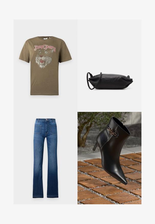 Szürke kötött pulóver, fekete és piros csíkokban váltakozó "JOOP! JEANS" felirattal, bordás, környakú kivágással és mandzsettával.; Olívazöld rövid ujjú póló strasszköves tigrisarc mintával és piros gótikus betűtípusú "Joop! Jeans" felirattal az elején.; Kék farmer, harang szabású nadrág öt zsebből álló dizájnnal, gombos záródással és a varrás mentén látható öltésekkel, enyhén megfakult kivitelben.; Fekete bőr bokacsizma hegyes orral és kis sarkával. Aranylánc díszítéssel a bokán. Texturált kőfelületen körülvéve.; Fekete bőrtáska, téglalap alakú, sima textúrájú, vékony vállpánttal és minimalista dizájnnal.