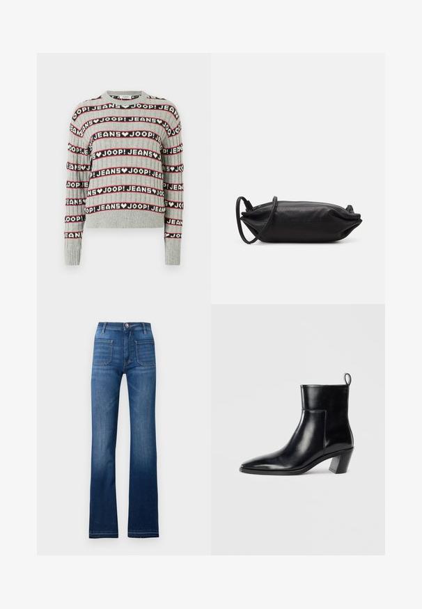 Pulover gri tricotat, cu un model alternant de text „JOOP! JEANS” în dungi negre și roșii, cu guler rotund și manșete riburate.; Jeans din denim albastru, cu talie evazată, design cu cinci buzunare, închidere cu nasture și cusături vizibile de-a lungul cusăturilor, având o finisare ușor decolorată.; Cizme negre din piele până la gleznă, cu vârful ascuțit, toc geometric patrulat și un manșon pentru tragere în spate. Textură netedă și design elegant.; Geantă de mână din piele neagră, cu o formă rectanguală, textură netedă, curea subțire pentru umăr și design minimalist.