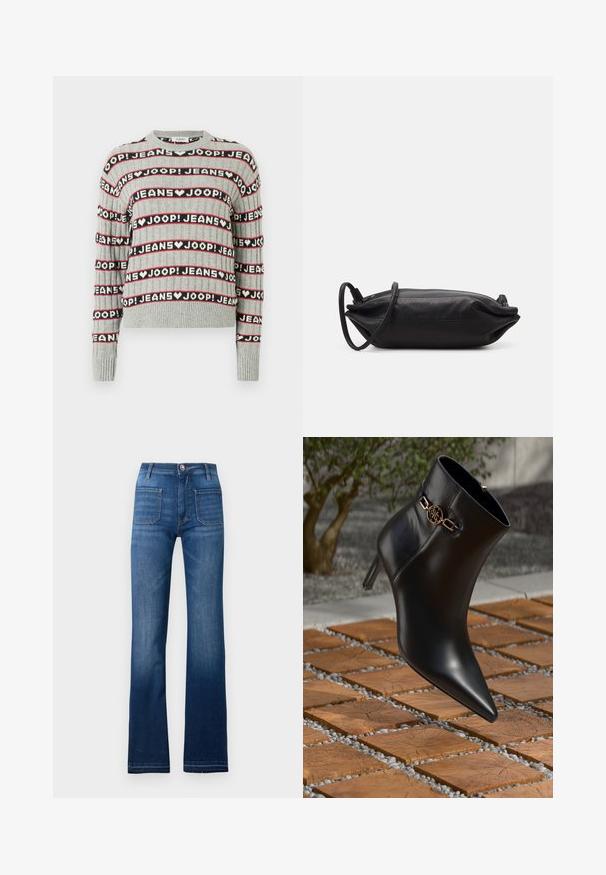 Pulover gri tricotat, cu un model alternant de text „JOOP! JEANS” în dungi negre și roșii, cu guler rotund și manșete riburate.; Jeans din denim albastru, cu talie evazată, design cu cinci buzunare, închidere cu nasture și cusături vizibile de-a lungul cusăturilor, având o finisare ușor decolorată.; Botine negre din piele, cu vârf ascuțit și tocul mic. Prezintă un accent din lanț auriu la gleznă. Încadrate de o suprafață texturată din piatră.; Geantă de mână din piele neagră, cu o formă rectanguală, textură netedă, curea subțire pentru umăr și design minimalist.