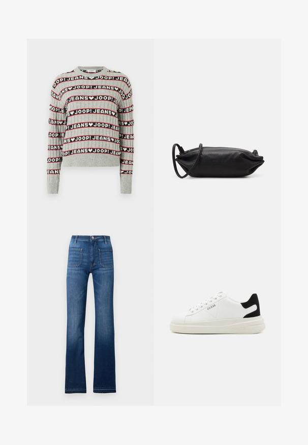 Harmaa neulottu villapaita, jossa on vuorottelevat "JOOP! JEANS" -tekstiraitoja mustana ja punaisena, ja jossa on resorinen pyöreä pääntie ja hihansuut.; Siniset farkut, joissa on leveä lahje, viisi taskua, nappikiinnitys ja näkyvät ompeleet saumoissa. Farkuissa on myös hieman haalistunut pinta.; Valkoiset nahkakengät paksulla valkoisella pohjalla, mustalla mokkanahkaosuudella kannassa ja kohokuvioitu logo sivulla. Nauhakeskitys kuudella reiällä.; Musta nahkainen kukkaro, jossa on suorakaiteen muoto, sileä pinta, ohut olkahihna ja minimalistinen muotoilu.
