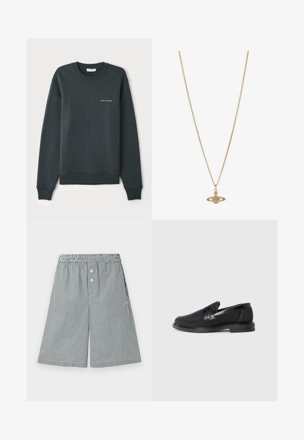 Tamsiai žalia maikutė su apykakle, ilgomis rankovėmis, įrengtomis sijonėliais ant riešų ir apačios, su balta tekstine logotipu "TIGER OF SWEDEN" ant krūtinės.; Juodai balti languoti šortai, pagaminti iš lengvos medžiagos. Turi elastingą liemenį ir sagų detales priekyje.; Juodas pintas slip-on tipo batelis su lygiu odiniu akcentu viršuje, apvalios nosies dizainas ir žemas guminis padas.; Auksinė grandinėlė su ovaliu pakabučiu, turinčiu sudėtingą raštą ir centriniu akmeniu, su subtiliu tekstūruotu paviršiumi.