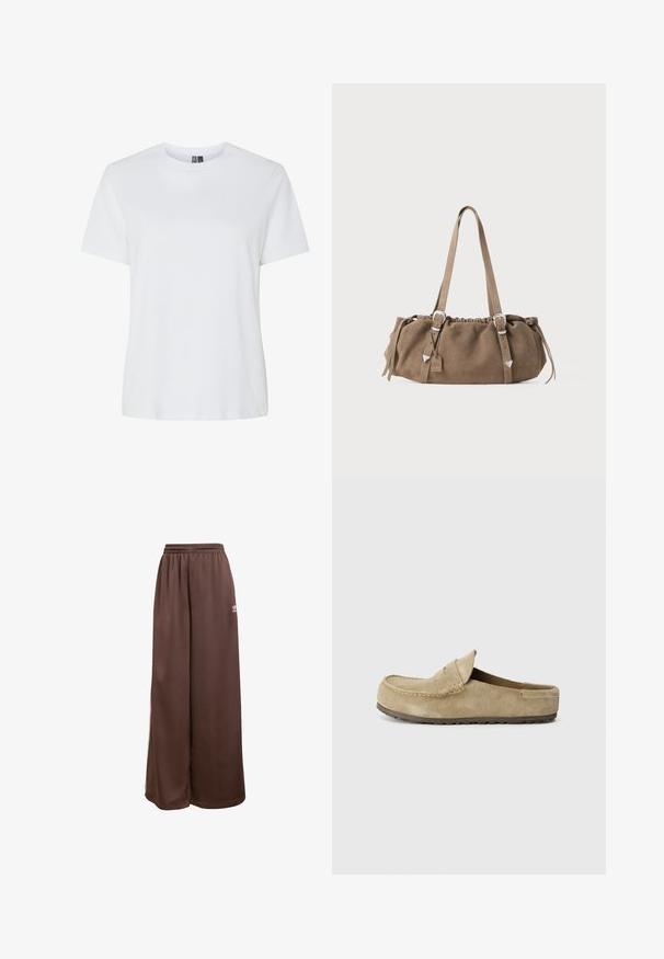 Beige neulepaita, jossa on pyöreä kaula-aukko, esittelee teksturoituja timanttimalleja sekä ribbausteet hihoissa ja helmassa. Mukava ja paksu neulontasuunnittelu.; Valkoinen puuvillapaita lyhyillä hihoilla ja pyöreällä kaula-aukolla. Suuri tekstuuri, rento malli, eikä näkyviä kuvioita tai yksityiskohtia.; adidas Originals Verryttelyhousut - auburn cream white; Birkenstock NAPLES WRAPPED LEVE TAUPEN - REGULAR - Matalakantaiset pistokkaat - taupe; Ruskea mokkanahkainen käsilaukku, jossa on rypytetty yläosa, hopeiset metalliosat ja kaksi olkahihnaa. Ominaisuuksina suorakulmainen muoto ja minimalistinen muotoilu.