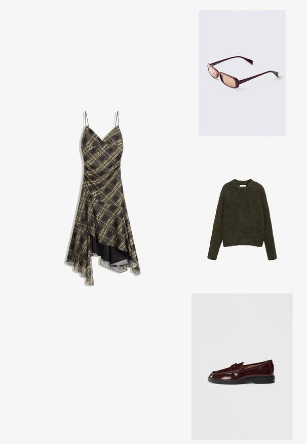 Maglione di un verde scuro, con texture, dal collo a giro e maniche lunghe; filato morbido con un aspetto peloso, di taglio corto.; Abito a quadretti nero e giallo con spalline sottili, scollatura a V e orlo asimmetrico, caratterizzato da un sovrapposto trasparente e una texture arricciata.; Mocassino in pelle bordeaux scuro con suola nera, dettaglio a striscia per moneta e tacco basso, mostrato dal lato esterno su sfondo bianco.; Occhiali da sole bordeaux con montatura rettangolare, lenti sfumate e aste eleganti. Il materiale ha una finitura liscia e lucida.; Borsa in pelle marrone, forma curva, manico singolo, chiusura con zip, superficie strutturata con leggero lucido. Design compatto e minimalista.