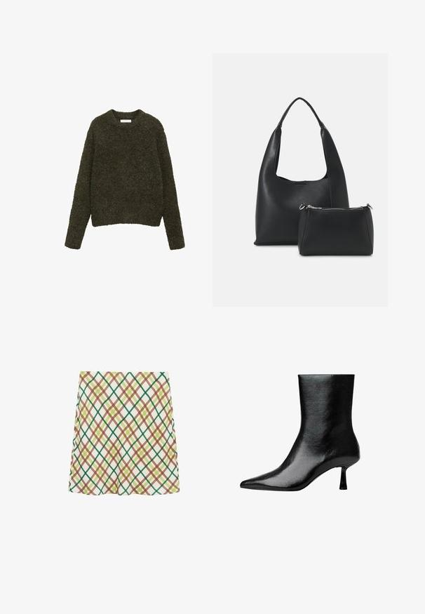 Mørkegrøn, struktureret sweater med rund halsudskæring og lange ærmer; blødt garn med en fuzzy overflade, cropped pasform.; Hvid A-linje nederdel med grønne, brune og gule kryds og tvær rute-mønster, knælang, præsenteret på en hvid baggrund.; Sorte ankelstøvler lavet af blank læder med spidse tær og slank hæl, der har en glat tekstur og et minimalistisk design.; Even&Odd Håndtasker - black