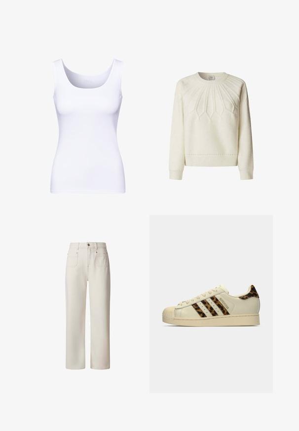 Maglione bianco a maglia con scollo rotondo a costine, motivi a diamante testurizzati sul davanti e polsini e orlo a costine. Materiale in morbido misto lana.; Canottiera bianca con scollatura rotonda e spalline spesse. Realizzata in tessuto liscio e elastico, presenta una silhouette aderente.; Pepe Jeans STRAIGHT UHW LEXA - Jeans a sigaretta - white; Sneaker Adidas Superstar di colore off-white con strisce e linguetta a stampa leopardata, punta in gomma beige e testo "SUPERSTAR" sul lato.