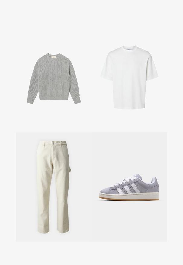 Szürke kötött pulóver bordás textúrával, raglán ujjal és kerek nyakkal. Finom foltokkal és egy kis címkével rendelkezik az ujjon.; Fehér pamut póló rövid ujjakkal, kerek nyakkivágással és laza szabással. Simább textúra, látható minták vagy kiegészítők nélkül.; Puha textúrájú, bézs színű, egyenes lábú pamut nadrág, elöl gombos záródással és oldalsó zsebekkel.; Szürke velúr sportcipők fehér csíkokkal, kerek orral és gumitalppal. Az oldalon perforációk és texturált sarokpanel jellemzi.