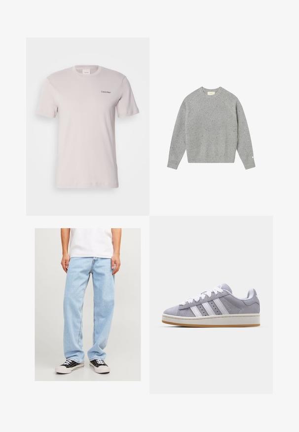 Γκρι πλεκτό πουλόβερ με ραβδωτή υφή, ραγάνα μανίκια και στρογγυλή λαιμόκοψη. Διαθέτει διακριτικά στίγματα και μια μικρή ετικέτα στο μανίκι.; Ανοιχτό γκρι βαμβακερό T-shirt με στρογγυλή λαιμόκοψη, κοντά μανίκια και μικρό μαύρο λογότυπο "Calvin Klein" στο αριστερό μέρος του στήθους. Λείος υφασμάτινος υφή.; Ανοίχτε μπλε τζιν παντελόνι με χαλαρή εφαρμογή, χαρακτηρισμένο από ευθεία γραμμή και κανονική ραφή, συνδυασμένο με μαύρα αθλητικά παπούτσια.; Γκρι σουέτ αθλητικά παπούτσια με λευκές ρίγες, στρογγυλή μύτη και ελαστική σόλα. Διαθέτουν περφορέ στο πλάι και υφασμάτινη ταμπέλα στη φτέρνα.