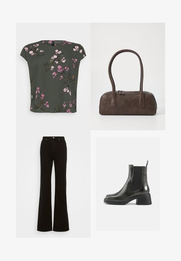 Pull en mohair marron avec un motif en losanges beige, tan et crème. Encolure arrondie et manches à bords-côtes, texture douce.; Haut à manches courtes, vert olive, avec un motif floral comportant des fleurs roses et blanches. Tissu doux avec une coupe décontractée et un col rond.; Jean évasé noir taille haute en denim, avec une fermeture à bouton, des poches latérales et une texture lisse.; Bottines noires en cuir avec une finition lisse, des panneaux latéraux élastiques et un talon épais. Dispose d'une languette pour un enfilage plus facile.; Sac à main en cuir marron avec deux poignées robustes, de forme rectangulaire, texture lisse et fermeture zippée. Design minimaliste sans motifs visibles.; Boucles d'oreilles en métal argenté avec un design ondulé et sculptural, présentant une finition polie et des formes irrégulières, mettant en valeur une esthétique contemporaine.