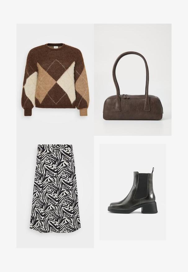 Brun mohair-genser med et diamantmønster i beige, brunt og krem. Rund hals og ribbestrikkede mansjetter, myk tekstur.; Svart-hvitt skjørt med et svirrende zebra mønster, med rett snitt og kant. Laget av et glatt, lett materiale.; Sorte ankelstøvler i svart lær med glatt overflate, elastiske sidepaneler og en kraftig hæl. Har en løftestrop for enklere påkledning.; Brun lærveske med to robuste håndtak, rektangulær form, jevn tekstur og glidelås. Minimalistisk design uten synlige mønstre.; Sølvmetall øredobber med et bølgete, skulpturelt design, preget av en polert finish og uregelmessige former, som fremhever en moderne estetikk.