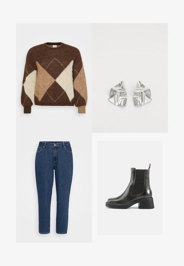 Jersey de mohair marrón con un patrón de diamantes en beige, tostado y crema. Escote redondeado y puños acanalados, textura suave.; Vaqueros de mezclilla de tiro alto, pierna recta y azul oscuro con bolsillos frontales, presillas para cinturón, botón metálico y cierre de cremallera sobre un fondo blanco.; Botas de cuero negras hasta el tobillo con un acabado liso, paneles laterales elásticos y un tacón grueso. Cuenta con una pestaña para facilitar su colocación.; Pendientes de metal plateado con un diseño ondulado y escultórico, que presentan un acabado pulido y formas irregulares, destacando una estética contemporánea.