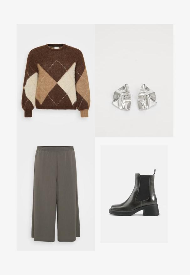 Sweater de mohair castanho com padrão de diamante em bege, areia e creme. Decote arredondado e punhos canelados, textura suave.; Calças largas cinzentas com um cós elástico, feitas de um tecido leve e suave, apresentando uma textura lisa e sem padrões visíveis.; Botas de tornozelo em couro negro com um acabamento liso, painéis laterais elásticos e um salto robusto. Apresentam uma alça na parte de trás para facilitar o calçar.; Brincos de metal prateado com um design ondulante e escultural, apresentando um acabamento polido e formas irregulares, destacando uma estética contemporânea.