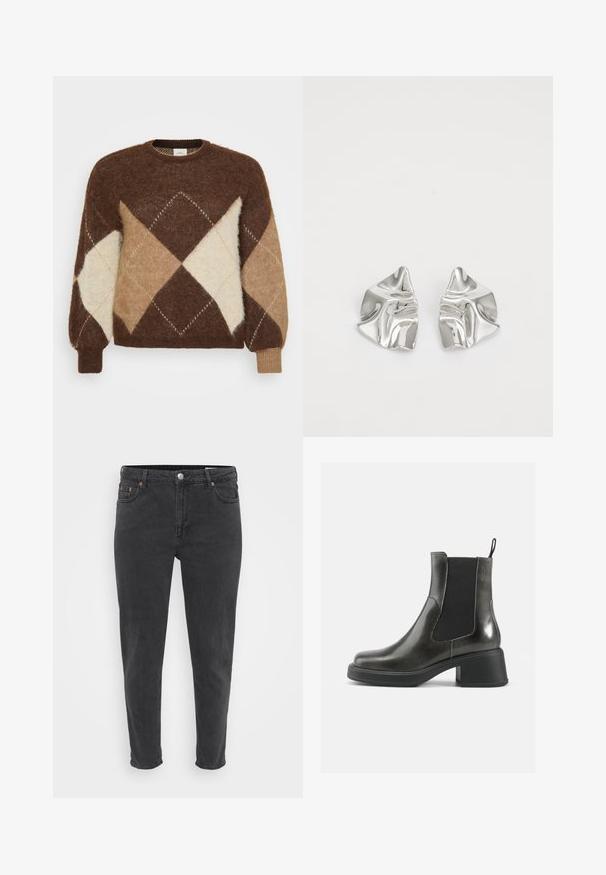 Rudas moheros megztinis su deimanto raštu, kuriame dominuoja smėlio, šviesiai rudos ir kreminės spalvos. Suapvalintas iškirpimas ir bangas formuojančios rankogaliai, minkšta tekstūra.; Lieknos juodos džinsai su priekiniais sagtais ir užtrauktuku, diržo kilputėmis ir penkiais kišeniais, rodomi ant paprasto šviesaus fono.; Juodos odinės kulkšninių botai su lygia apdaila, elastingais šonais ir storu kulnu. Yra vilkimo kilpa, skirta patogesniam apsiaustui.; Sidabriniai metaliniai Auskarai su banginiu, skulptūriniu dizainu, pasižymintys poliruotu paviršiumi ir nereguliariomis formomis, išryškinančiomis šiuolaikišką estetiką.