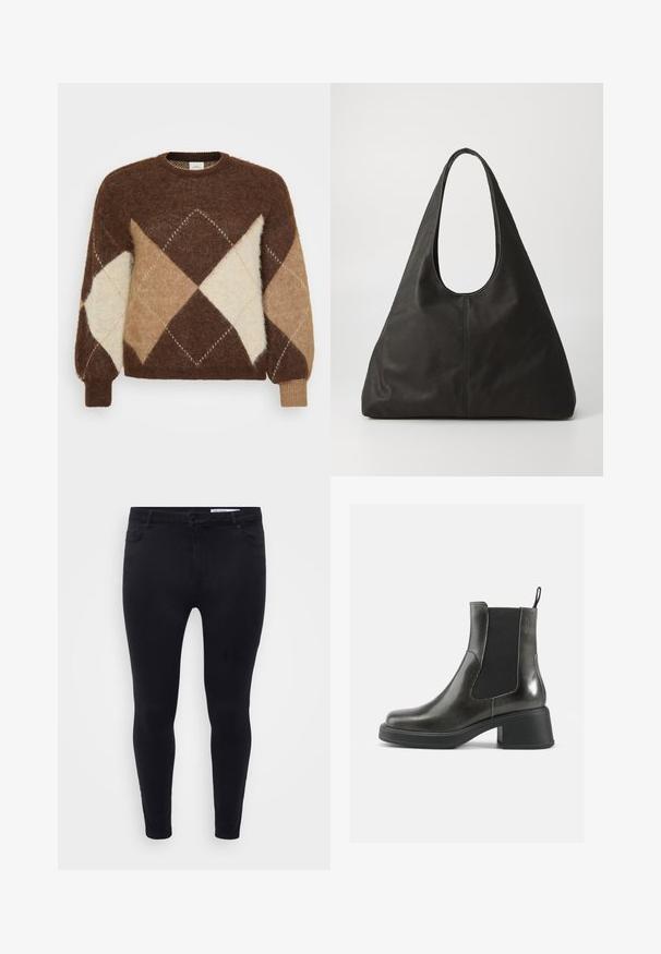 Brown mohair sweater featuring a diamond pattern in beige, tan, and cream. Rounded neckline and ribbed cuffs, soft texture.; Black slim-fit jeans made of stretchy denim, featuring a front button closure, belt loops, and five pockets with a smooth texture.; Black leather ankle boots with a smooth finish, elastic side panels, and a chunky heel. Features a pull tab for easier wear.; Black leather tote bag with a curved handle, elongated triangular shape, and smooth texture. Features minimalist design with no visible hardware.; Silver metal earrings with a wavy, sculptural design featuring a polished finish and irregular shapes, highlighting a contemporary aesthetic.