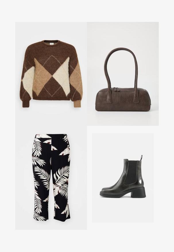 Sweater de mohair castanho com padrão de diamante em bege, areia e creme. Decote arredondado e punhos canelados, textura suave.; Calças pretas com um padrão de folhas tropicais em branco e vermelho, com corte evasé e cintura elástica, feitas de um tecido suave.; Botas de tornozelo em couro negro com um acabamento liso, painéis laterais elásticos e um salto robusto. Apresentam uma alça na parte de trás para facilitar o calçar.; Bolsa de couro castanho com duas alças robustas, formato retangular, textura lisa e fecho de zíper. Design minimalista sem padrões visíveis.; Brincos de metal prateado com um design ondulante e escultural, apresentando um acabamento polido e formas irregulares, destacando uma estética contemporânea.