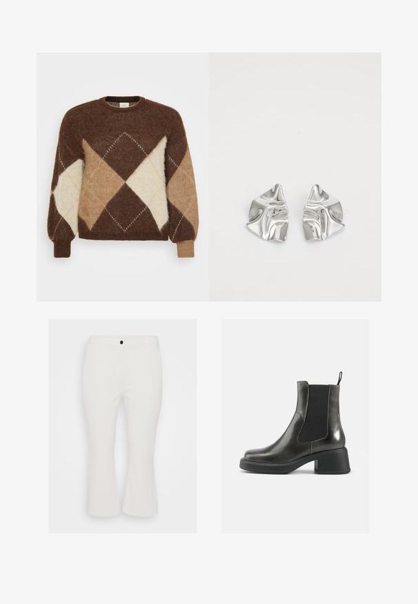 Brūns mohēra džemperis ar dimanta rakstu bēšā, brūnā un krēmkrāsā. Apaļš kakls un ribota piedurkne, maiga tekstūra.; Balti iekrāsoti bikses, izgatavotas no kokvilnas maisījuma, ar priekšējo pogu aizdari, jostas cilpām un taisnu kāju dizainu. Gluda tekstūra, ikdienišķs stils.; Melni ādas potītes zābaki ar gludu apdari, elastīgu sānu paneļu un masīvu papēdi. Aprīkoti ar cilpu, kas atvieglo uzvilkšanu.; Sudraba metāla auskari ar viļņainu, skulpturālu dizainu, kas izceļas ar pulētu apdari un neregulārām formām, uzsverot mūsdienīgu estētiku.