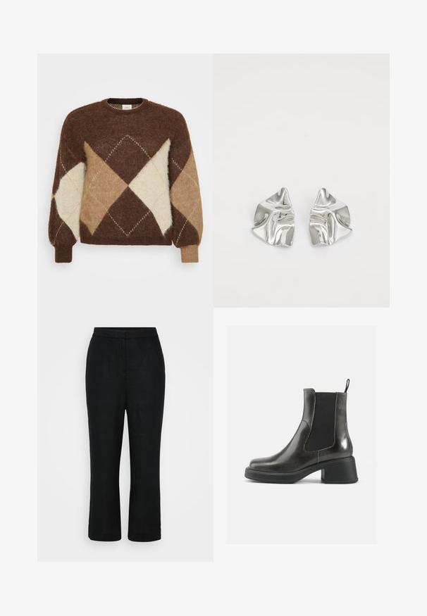 Bruine mohair trui met een diamantpatroon in beige, tan en room. Rond de hals en met geribde manchetten, zachte textuur.; Zwarte linnen broek met een rechte snit, middelhoge tailleband en cropped lengte, met een gladde textuur en zonder zichtbare sluitingen.; Zwarte leren enkellaarzen met een gladde afwerking, elastische zijpanelen en een zware hak. Voorzien van een lus voor gemakkelijker aan- en uittrekken.; Zilveren metalen oorbellen met een golvend, sculpturaal ontwerp, voorzien van een gepolijste afwerking en onregelmatige vormen, die een hedendaagse esthetiek benadrukken.