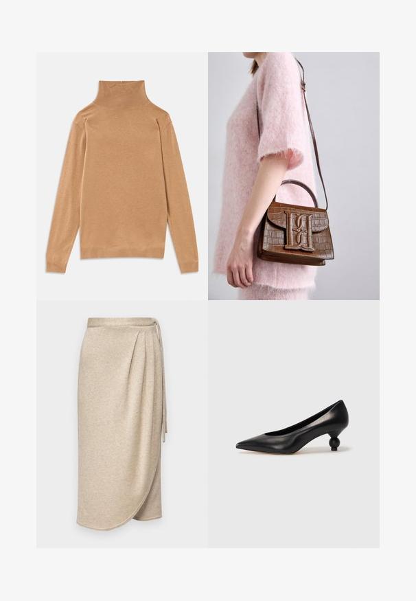 Maglione a collo alto di colore tan, realizzato in tessuto liscio, dotato di maniche lunghe e colletto a coste alto. Vestibilità classica con una delicata texture.; Gonna avvolgente beige realizzata in un tessuto morbido e testurizzato con una leggera lucentezza. Presenta una vita legata e un design drappeggiato con un orlo che curva dolcemente.; Scarpa con tacco alto in pelle nera, con punta affilata e tacco arrotondato e bombato. Texture liscia con un design elegante e minimalista.; Borsa a mano con effetto coccodrillo marrone, dotata di manico superiore e tracolla. Presenta un logo prominente sulla patta frontale. Texture morbida.