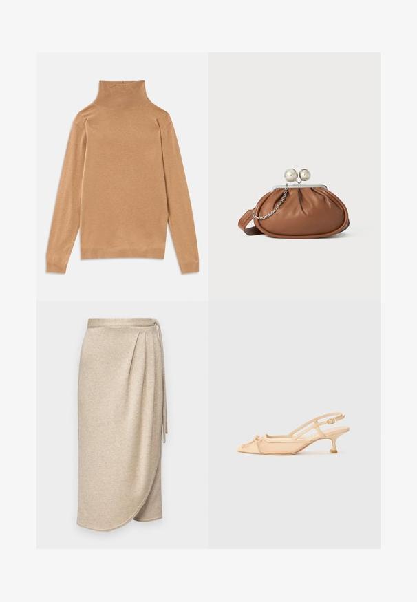 Suknja tanka od glatkog materijala, s dugim rukavima i visokim rebrastim kragnom. Klasičan kroj s blagom teksturom.; Beige kietova hame valmistettu pehmeästä, tekstuuriltaan rikkaasta kankaasta, jossa on hienovarainen kiilto. Sisältää solmittavan vyötärön ja roikkuvan muotoilun, jossa helma kaartuu lempeästi.; Stuart Weitzman KITTY - Avokkaat - beige/barely beige; Ruskolehti nahka käärimispuss, jossa on hopeinen pallo-osa ja pieni hopeaketjuvalinta valkoista taustaa vasten.