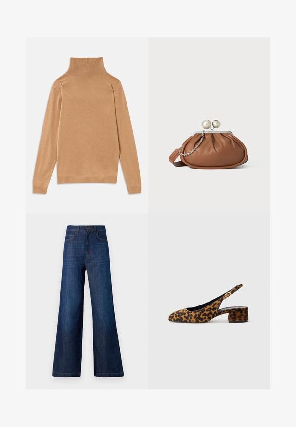 Maglione a collo alto di colore tan, realizzato in tessuto liscio, dotato di maniche lunghe e colletto a coste alto. Vestibilità classica con una delicata texture.; Jeans a gamba larga in denim blu scuro. Presentano cinque tasche, una chiusura con bottone frontale e cuciture visibili lungo la vita e l'orlo.; Scarpa slingback da donna in stampa leopardata con tacco basso a blocco e fibbia dorata sul cinturino laterale, mostrata in profilo su sfondo semplice.; Pochette in pelle marrone con chiusura a sfera argentata e un piccolo dettaglio a catena argento su sfondo bianco.