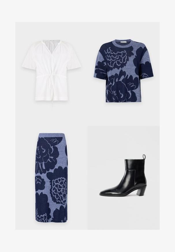 Knit boxy t-shirt in navy blue with oversized floral pattern, short sleeves, round neckline, and soft texture.; White pullover top with a V-neck and short sleeves. Features lightweight cotton fabric, drawstring waist, and textured accents on the shoulders.; Knit skirt featuring large floral patterns in dark blue and lighter blue tones. Straight shape with a ribbed waistband. Soft texture.; Black leather ankle boot with a pointed toe, a geometric stacked heel, and a pull tab at the back. Smooth texture and sleek design.