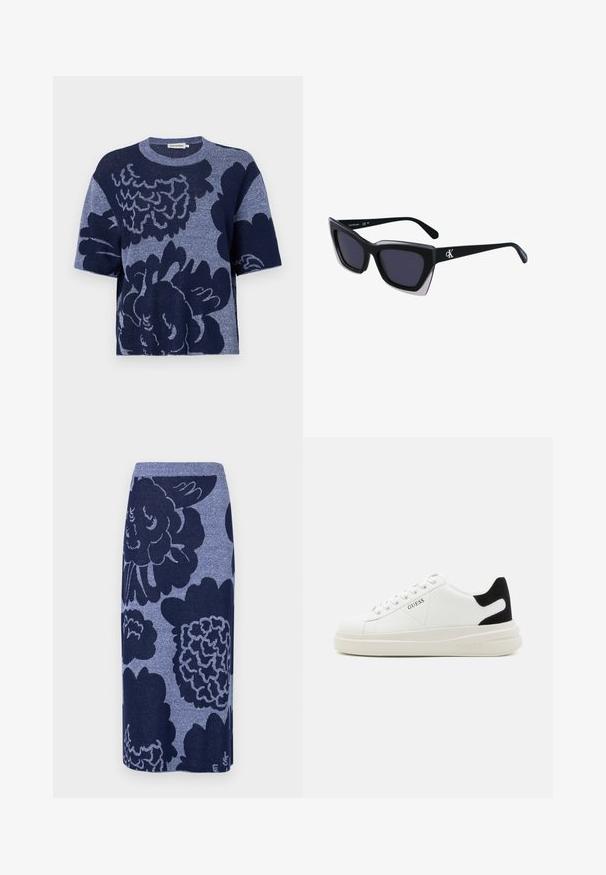 Navy kék, boxy fazonú kötött póló, nagyméretű virágmintával, rövid ujjal, kerek nyakkivágással és puha textúrával.; Kötött szoknya nagy virágmintákkal sötétkék és világoskék árnyalatokban. Egyenes fazon, bordás derékkal. Puha tapintás.; Fehér bőr sportcipők vastag fehér talppal, fekete velúr sarokpikkelyel és dombornyomott logóval az oldalon. Fűzős kialakítás, hat fűzőlyukkal.; Fekete, nagyméretű napszemüveg geometrikus formával, sötét lencsékkel és kontrasztos szürke részlettel a kereten. Logó a szárán.