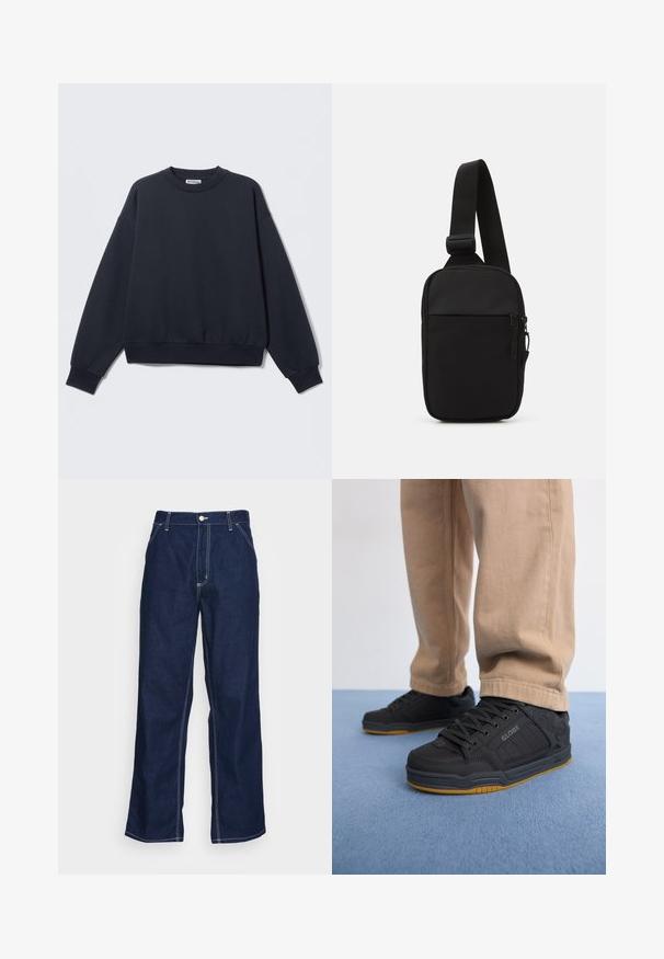 Donkerblauw sweatshirt van een katoenmix, met een ronde hals, doorgezakte schouders, geribde boorden en een elastische zoom. Minimalistisch ontwerp.; Donkerblauwe denim broeken met wijde pijpen, met een hoge taille, voorzakken en contrasterende witte stiksels langs de naden.; Zwarte skate schoenen met een gestructureerde synthetische bovenkant, een gevoerde zool, grijze veters en een gumrubberen buitenzool. Draag ze met lichtbeige broeken.; Zwarte schoudertas gemaakt van duurzaam stof, met een enkele verstelbare schouderband, een gepartitioneerd hoofdcompartiment met rits en een voorvak.